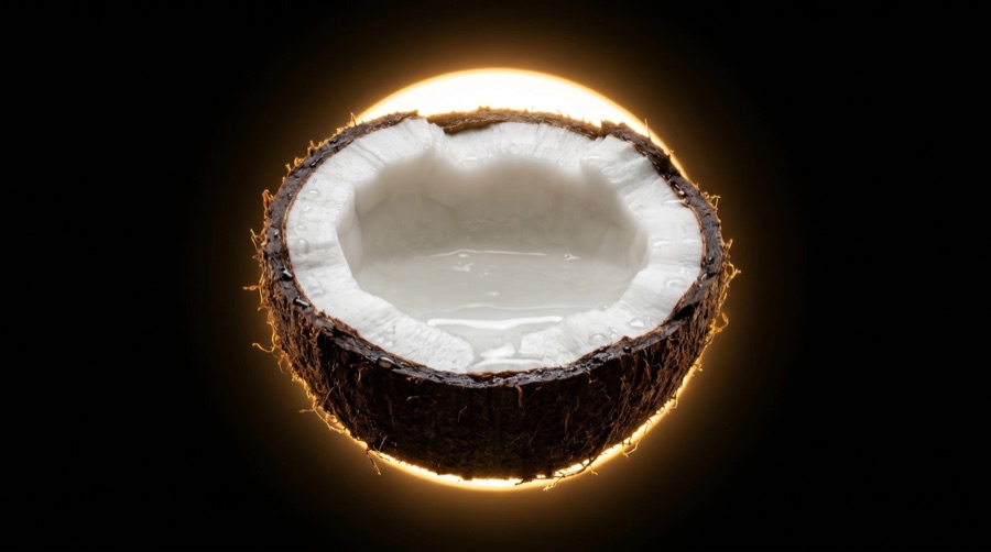 A halved coconut lit from behind, the base of Aeris electrolyte drink