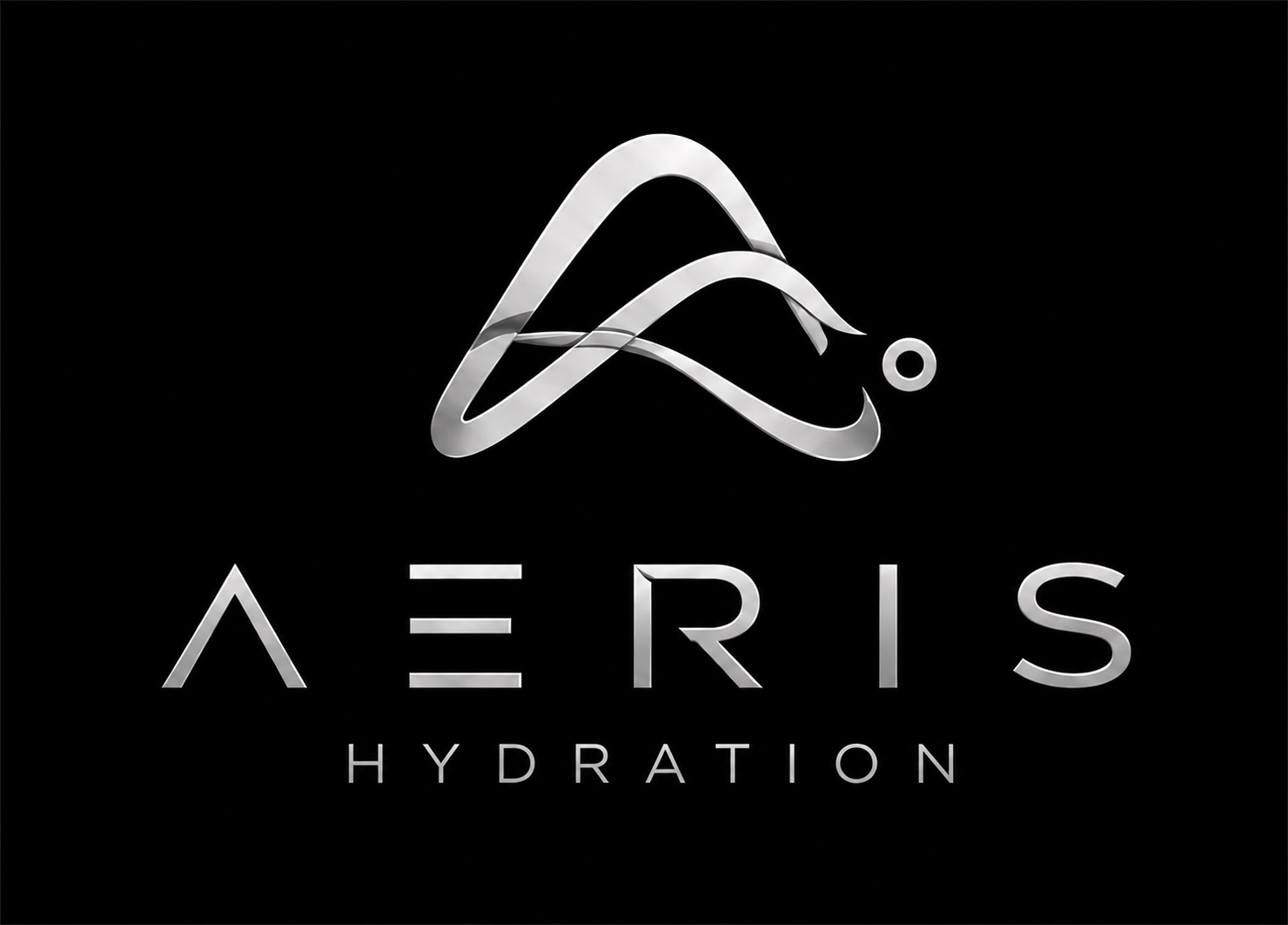Aeris Hydration logo: two chrome ribbons forming an A beside a single drop